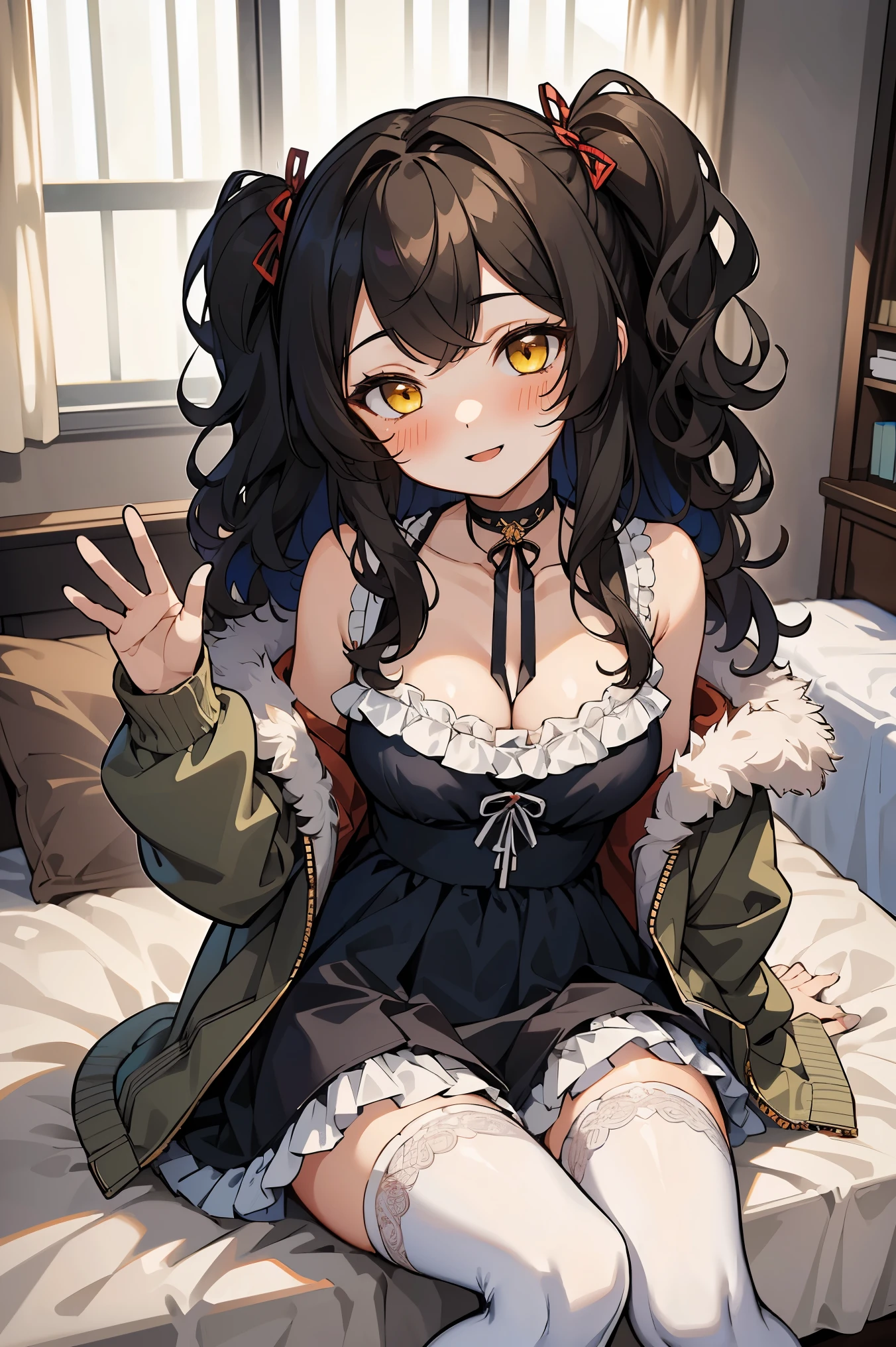 (masterpiece:1.2), (high quality:1.2), (hui xiyi:0.7), rekkyo sensen, rekkyou sensen, girls with((1girl, solo, black hair, yellow eyes, smiling, (wavy medium hair, one side up:1.55), (left swept bangs:1.53), bare shoulder, blush, breasts, choker, cleavage, coat, cowboy shot, long dress, blue lace dress, camisole dress, frilled dress, frilled skirt, ribbon waist belt, black ribbon belt, red bow, red ribbon, neck ribbon, collar, collarbone, rosary, rosary choker, cross, fur, fur trim, parka, khaki hoodie, green hoodie, khaki jacket, hood down, hooded coat, hooded jacket, hoodie, jacket, large breasts, long sleeves, medium breasts, open clothes, open coat,open hoodie, sleeveless, winter clothes, zipper, cleavage, upper body, hand up, waving, palm, white thighhighs, single thighhigh, exposed legs, exposed foots, left thighhigh, solo, legs, high heels, sittings, sit on the chair)), background with((bedroom, room:2.0))