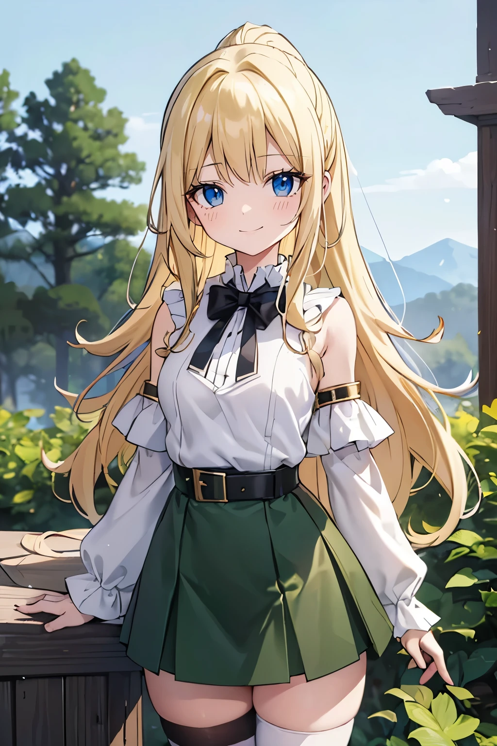 Safe for work, masterpiece, best quality, solo, 1 girl,  cute girl, wholesome girl, (young female body:1.4), ( medium small breasts), cowboy shot, shy smile, flustered,  yellow golden hair, extra gold long ponytail hair, thick wavy hair, hime cut, blunt bangs, crystal blue eyes, light blue detailed eyes, outside, cabin in the woods, standing, griffin style, dark green skirt, white compression shirt, white top, detached sleeves, black knee high socks, long dark green skirt, belt chains, extra extra long hair, griffin style dark green skirt, white crop top, capelet, cbct, black capelet, chains on skirt, long green skirt, belt chains, black cape