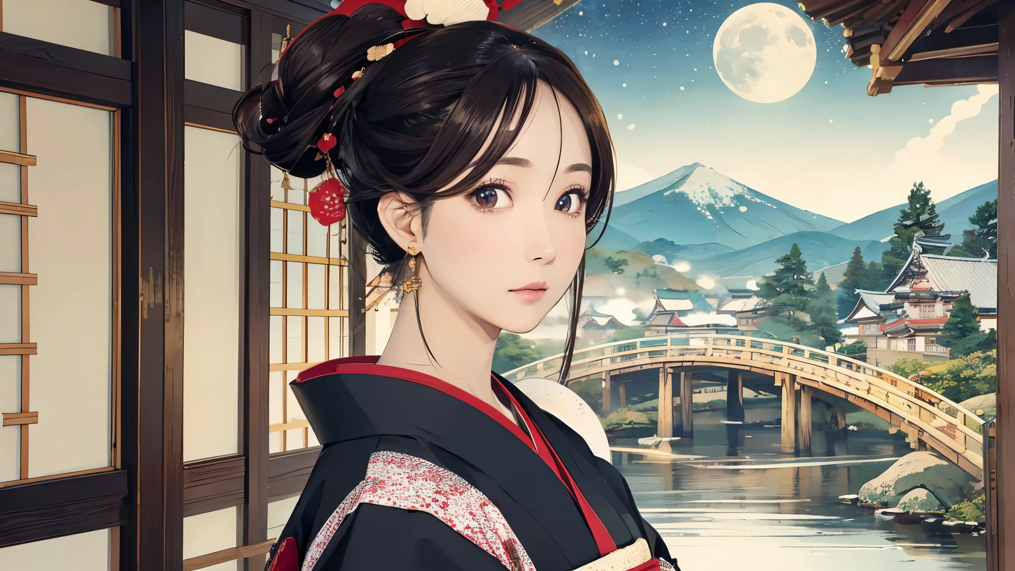 (Highest quality、 8k 、masterpiece、High resolution)、(whole body)、Vibrant colors、Brown-black bob、Traditional topknot、Ample breasts、(Highly detailed face and eyes,Beautiful Face,Beautiful Eyes,Beautiful nose,Pretty lips)、Official Art、Ukiyo-e style、 (Beautiful woman in kimono)、(Vivid floral patterned kimono)、background、river、bridge、Mountain、wood、Starry Sky、moon、Detailed CG、