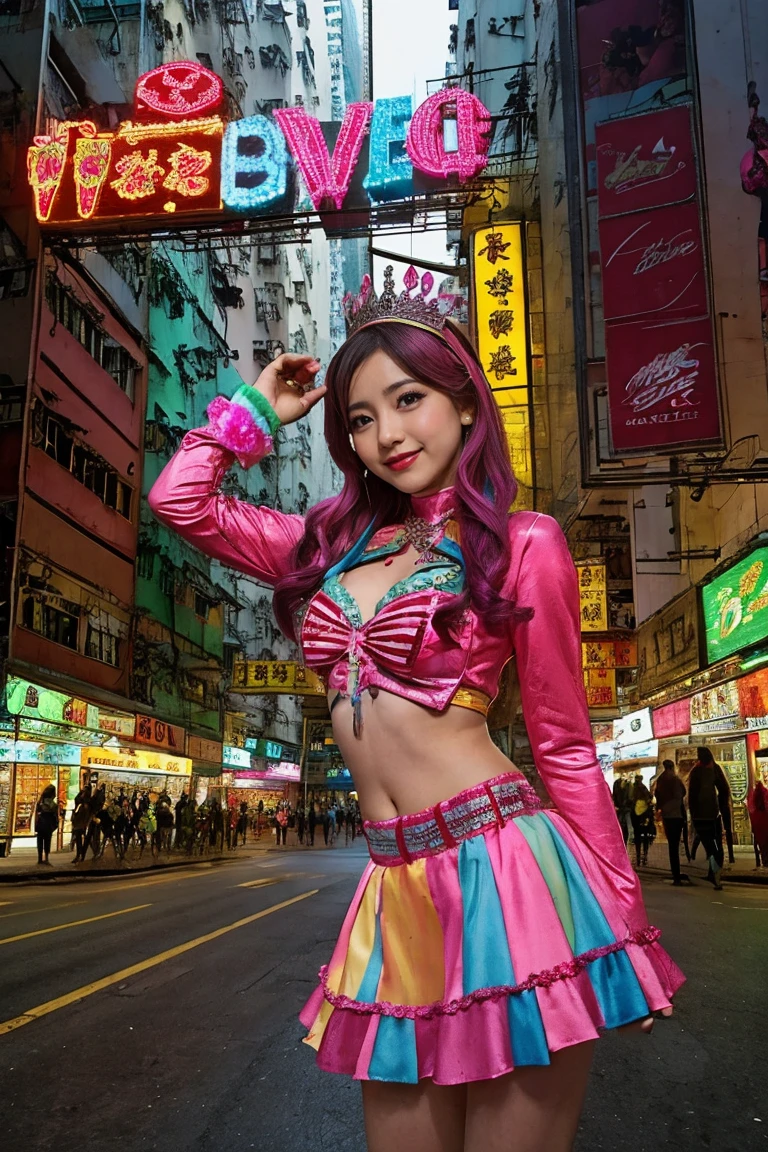 hong kong, day, (low angle), viewer from bottom, ground level shot,  (Awkward,blush :1.3), Alafi girls take photos in colorful clothes, y 2 k cutecore crowncore, Lovely Decora Rainbow Core, Lovely high quality rendering, Candy Girl, Deco, Unreal Engine : : Carnival Makeup, Working Girl, raver girl, Carnival Costumes, Glitch Punk Girl, soda themed girl, Lively and cheerful, 80s pin-up style, 