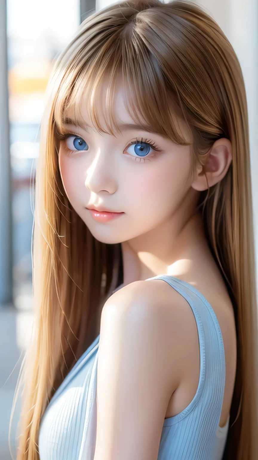 The Shining, clear, White skin、Her windswept golden hair hides her beautiful face、16 years old、Cute sexy little beautiful face、Beautiful straight hair that stands out、growing up, Sparkling, very bright, light blue eyes、Long, silky bangs that cover cute eyes, Sexy and cute young woman with super long hair hiding her sexy face、The Shining blonde hair