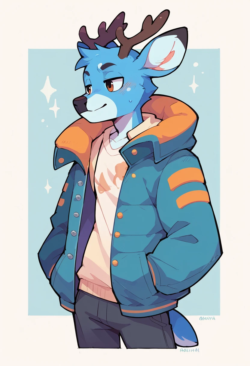 kilinah Style , furry deer Male , blue body, wearing Jacket 