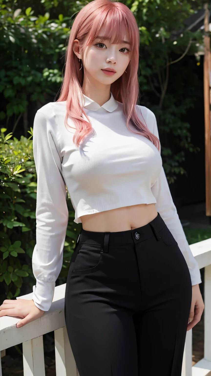 Highest quality、Ultra-high resolution、RAW shooting、Professional Lighting、Detailed Background、coastal、Full Body、Makima、25-year-old female、(High tone cherry pink hair)+(Long Hair)+(bangs)、(Yellow Eyes)、White see-through shirt,(Black trousers:1.5)、Huge breasts that look like they might burst、Modest abdominal muscles、Big Ass、Big thighs、A sloppy smile、Close your mouth、(Sweaty skin)、