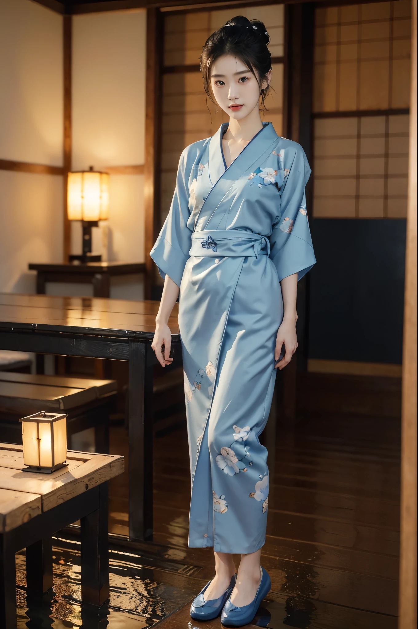 (((best quality))),(((ultra detailed))),(((masterpiece))),illustration,((1 beautiful Japannese girl,solo)),(neat bun:1.2),((slim,thin)),((small breasts,flat chest)),(in izakaya:1.3),(summer:1.2),(rainy:1.3),(indoor:1.2),(night scene:1.3),(wet:1.3),(collar:1.2),(blue floral kimono:1.3),porcelain skin,(slender legs:1.2),(loafers:1.2),rouge,dimly lit,warm glow,ethereal,(standing beside the table:1.3),(arms behind back:1.5),sake bottle,half-empty glass,tray,grilled fish,steamed vegetables,half-eaten,melancholic smile,storm,solitude,enigmatic aura,tranquility,chaos,simplicity,mysterious,captivating,((from front,full body))