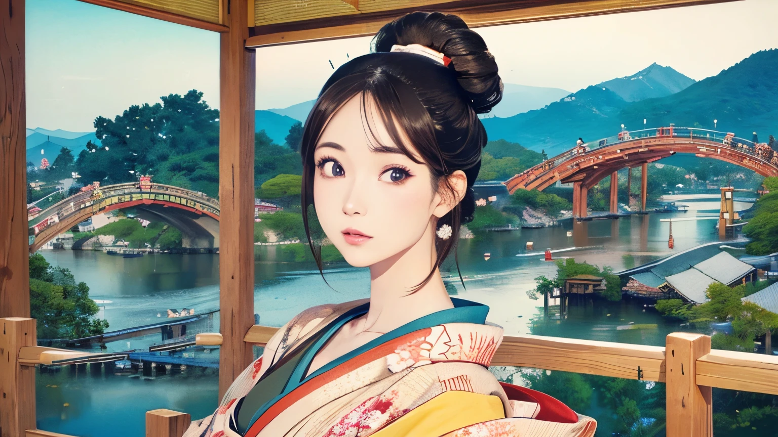 (Highest quality、 8k 、masterpiece、High resolution)、(whole body)、Vibrant colors、Brown-black bob、Traditional topknot、Ample breasts、(Highly detailed face and eyes,Beautiful Face,Beautiful Eyes,Beautiful nose,Pretty lips)、Official Art、Ukiyo-e style、 (Beautiful woman in kimono)、(Vivid floral patterned kimono)、background、river、bridge、Mountain、wood、Starry Sky、moon、Detailed CG、