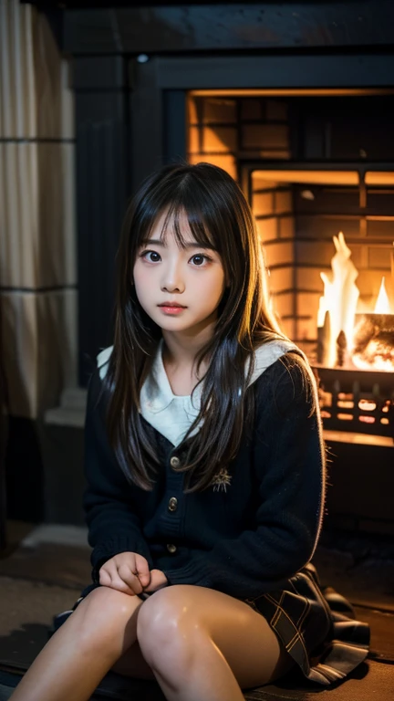 (((10 year old girl))), (((in dark cabin at night))), (((warming herself by fireplace))), Japanese, cute, dark, bobbed hair, (((staring blankly at fireplace))), (((not looking at viewer))), straight face, no smile, uneasy profile, trainers and very short mini-skirt, sitting in front of fireplace, fireplace fire illuminating girl's face, horror movie scene, high resolution, high detail, fine detail, masterpiece, top quality, award, best resolution, scene of a horror movie, high resolution, high detail, best resolution, scene of a horror movie girl is sitting in front of a fireplace, fireplace fire illuminates girl's face, horror movie scene, high resolution, high detail, detail, masterpiece, top quality, award, highest resolution, realistic, raw photo, 8K wallpaper