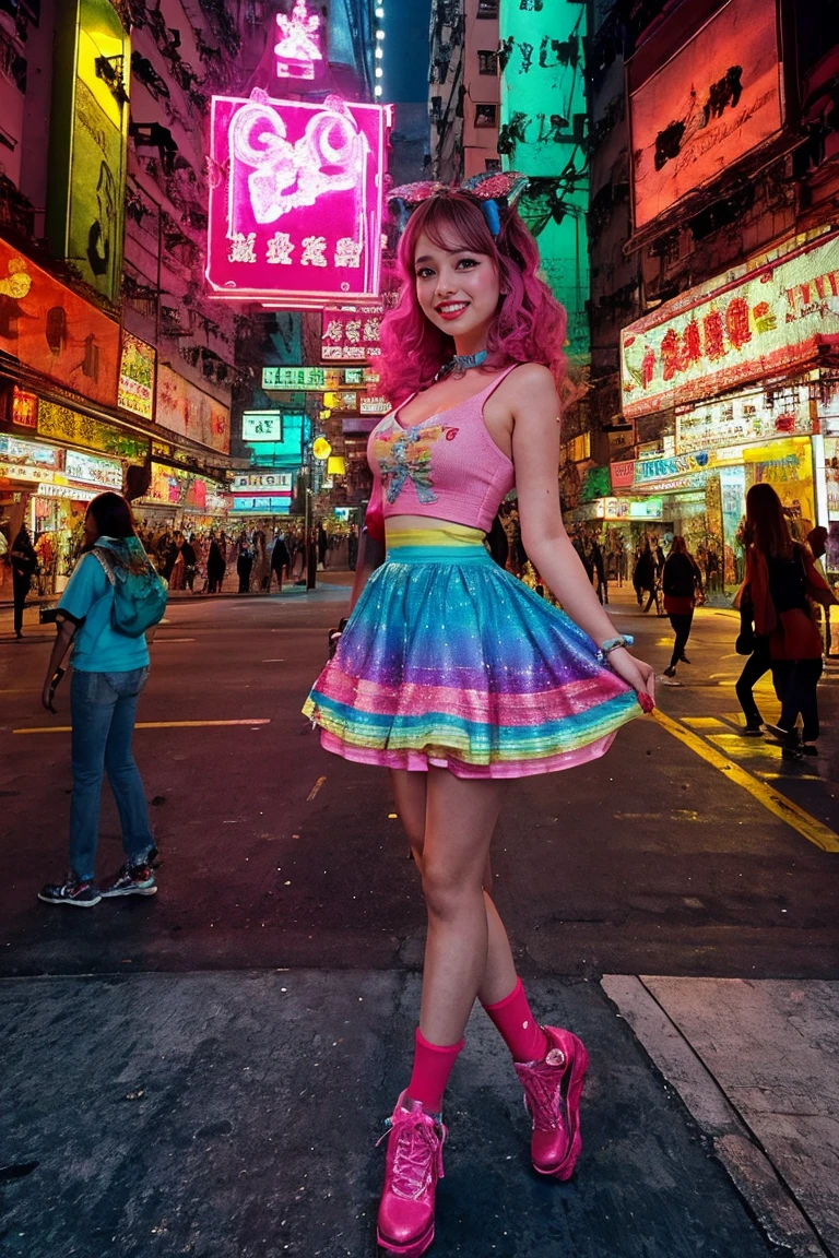 hong kong, day, (low angle), viewer from bottom, ground level ) (Awkward,blush :1.3), Alafi girls take photos in colorful clothes, y 2 k cutecore crowncore, Lovely Decora Rainbow Core, Lovely high quality rendering, Candy Girl, Deco, Unreal Engine : : Carnival Makeup, Working Girl, raver girl, Carnival Costumes, Glitch Punk Girl, soda themed girl, Lively and cheerful, 80s pin-up style, 