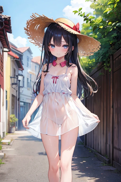 (masterpiece), Highest quality, One Girl, 8--old l, pretty girl, Flat Chest, Black Hair, Very long hair, She is looking towards the viewer, She is wearing a bright red leather collar., 
She wears a white camisole, Pure white clothes, Clothes without collars, She is wearing a sleeveless camisole, Exposed shoulders, The clavicle is visible, The material of her clothes is very thin, The camisole is sheer, The naked body is clearly visible, Her nipples are pressed against the fabric of her dress, (Erect nipples showing through the fabric), 
She doesn't wear a skirt, The lower half is naked, She is exposing her waist, She is exposing her hips, She doesn't wear underwear, She&#39;s not wearing a bra, She&#39;s not wearing panties, her pussy is visible, She purposely shows off her pussy, she has no pubic hair, 
She stands with her legs spread, Open your knees, Wearing a straw hat, She is barefoot and wearing sandals, 
Very shy, blush, 
She is walking on the sidewalk, Blue sky behind, The men are walking behind her., 