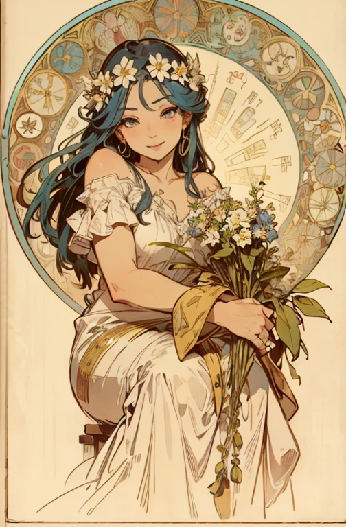 (masterpiece, best quality),ukiyoe,
bare shoulder, depth of field, highest quality, ultra detail, White skin, double eyelids, Woman sitting half-body with a light blue rose in her hair, Alphonse Mucha, Solo, Forelock, Watch your audience, Light blue hair, smile