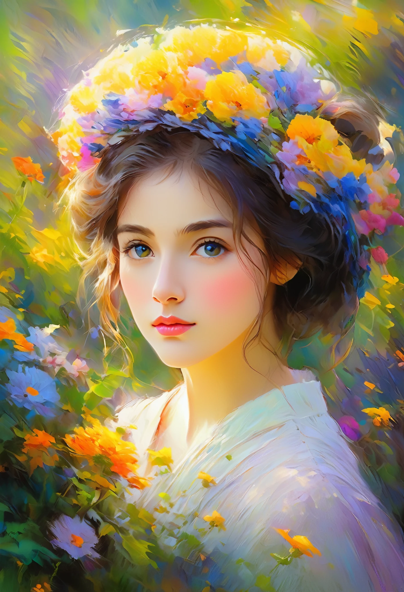 (Girl in a Garden Inspired by Claude Monet,Beautiful attention to detail,Beautiful lip detail,Highly detailed eyes and face, Long eyelashes, Impressionist techniques, Vibrant colors, Breathtaking visual effects, Eternal Silence, oil,Ultra-fine painting, Professional, Vibrant colors, Sharp focus, High resolution, Physically Based Rendering, Masterpiece:1.2, High resolution, 超High resolution, Studio Lighting, romantic, Soft brushwork, Quiet atmosphere)