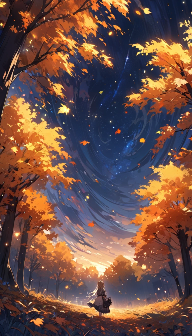 Autumn landscape, girl, starry night