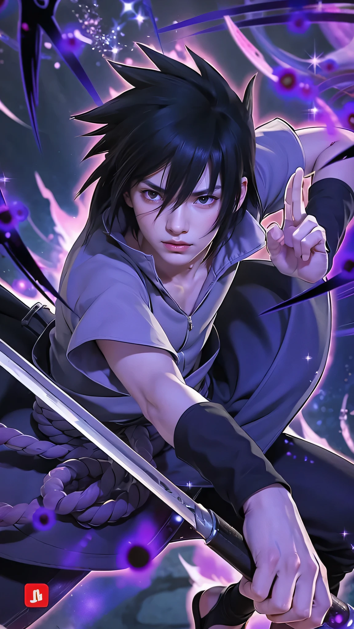 Realistic and detailed Rinnegan on right eye and sharingan on lesft eye, The illustration features a character resembling Sasuke Uchiha with spiky black hair and intense red eyes. He is dressed in a light grey shirt with a high collar, dark pants, and a distinctive purple rope belt tied around his waist. In his right hand, he holds a sword with a gleaming blade, while his left hand forms a precise hand sign. The background is dark, filled with swirling purple and black energy, creating an ominous and powerful atmosphere. Glowing purple orbs and sparkles float around the character, adding a mystical touch. His expression is serious and focused, capturing his determined demeanor. In the bottom right corner, a red and white logo with Japanese characters adds a finishing touch to the scene, emphasizing its authenticity.