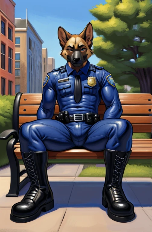 solo, male, dark brown and yellow, beige german shepherd, tight_clothing, bulge, (wearing a police uniform, dark-blue leather boots), (Full Body Focus), sitting on a bench, legs spread, head to foot, looking at viewer, high detailed, masterpiece, public park background, by Meesh