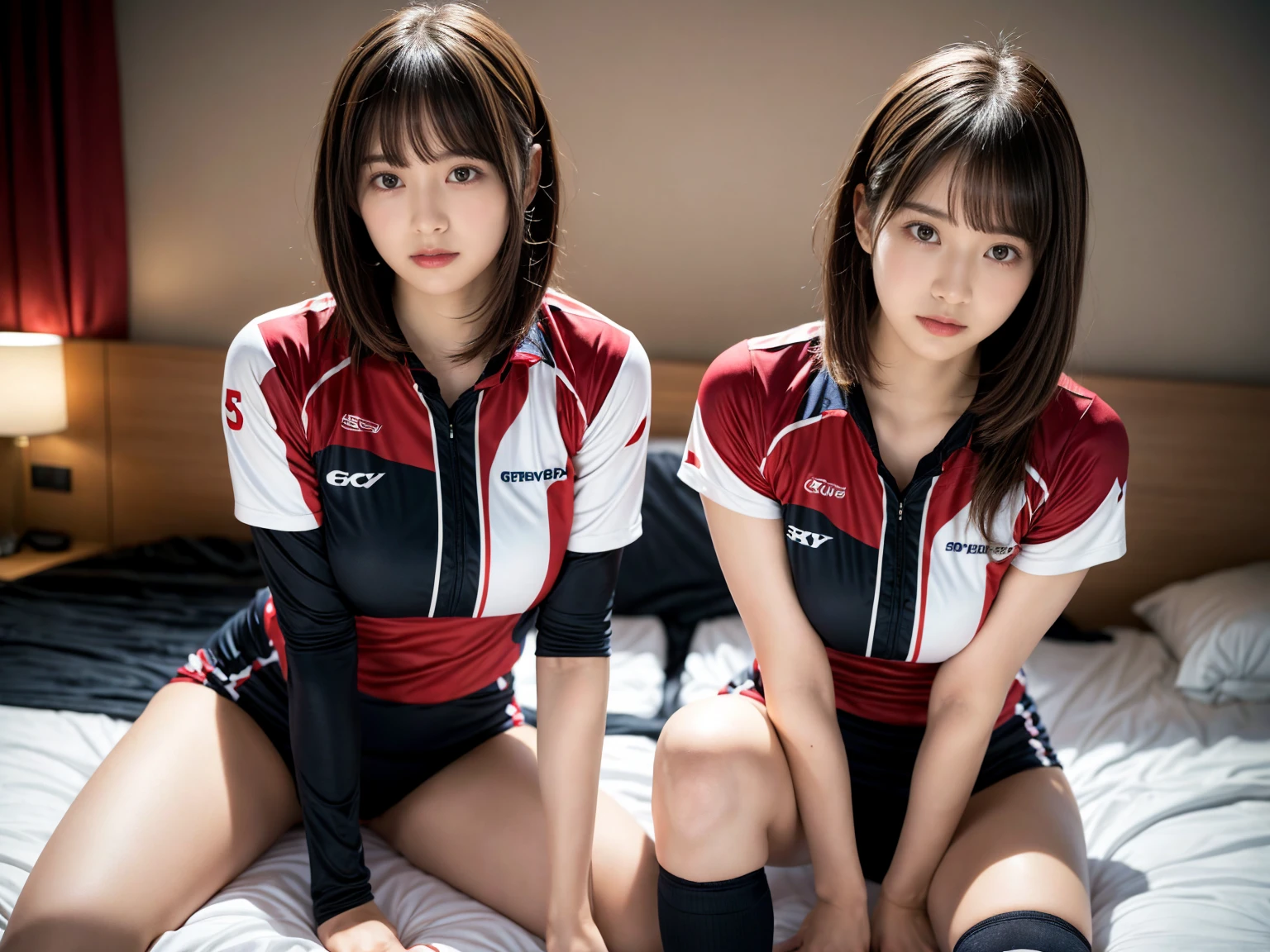 masterpiece, best quality, illustration, Super detailed, fine details, High resolution, 8K,wall paper, perfect dynamic composition,(Details High quality, realistic depiction of eyes:1.3), (2 girls), (short hair volleyball player, Volleyball Uniforms), Tight clothes, sitting, open legs, short bob hair, in a hotel room in the background, deep on field, large breasts, black hair color, Big Natural Color Lip, (perfect body shape), crying a little、Harajuku style、20 year old girl、cute type、beautiful legs, Gravure Idol