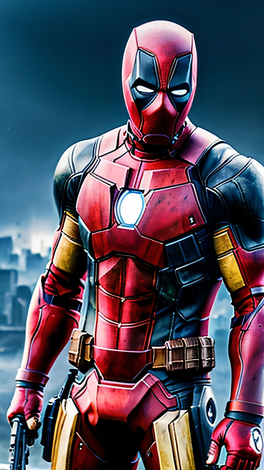 Deadpool and Iron Man fusion, Surreal interpretation, Dual identity, (2characters:1.4), Dynamic Duo, Dynamic, masterpiece, best quality, Raw, detailed, Ultra-high resolution, Realism, Neon shimmering cityscape, Comic Style, detailed armor suits, metallic feel, Red and gold color scheme, Interchangeable masks, Weapons and Equipment, High contrast, Clear focus, Dynamic poses, Vibrant eyes, Expressive facial features, HD, 8K, SLR camera, Film Grain, Realistic skin details, Visible pores, high quality, Realistic armor details, Volumetric Fog, Magnificent