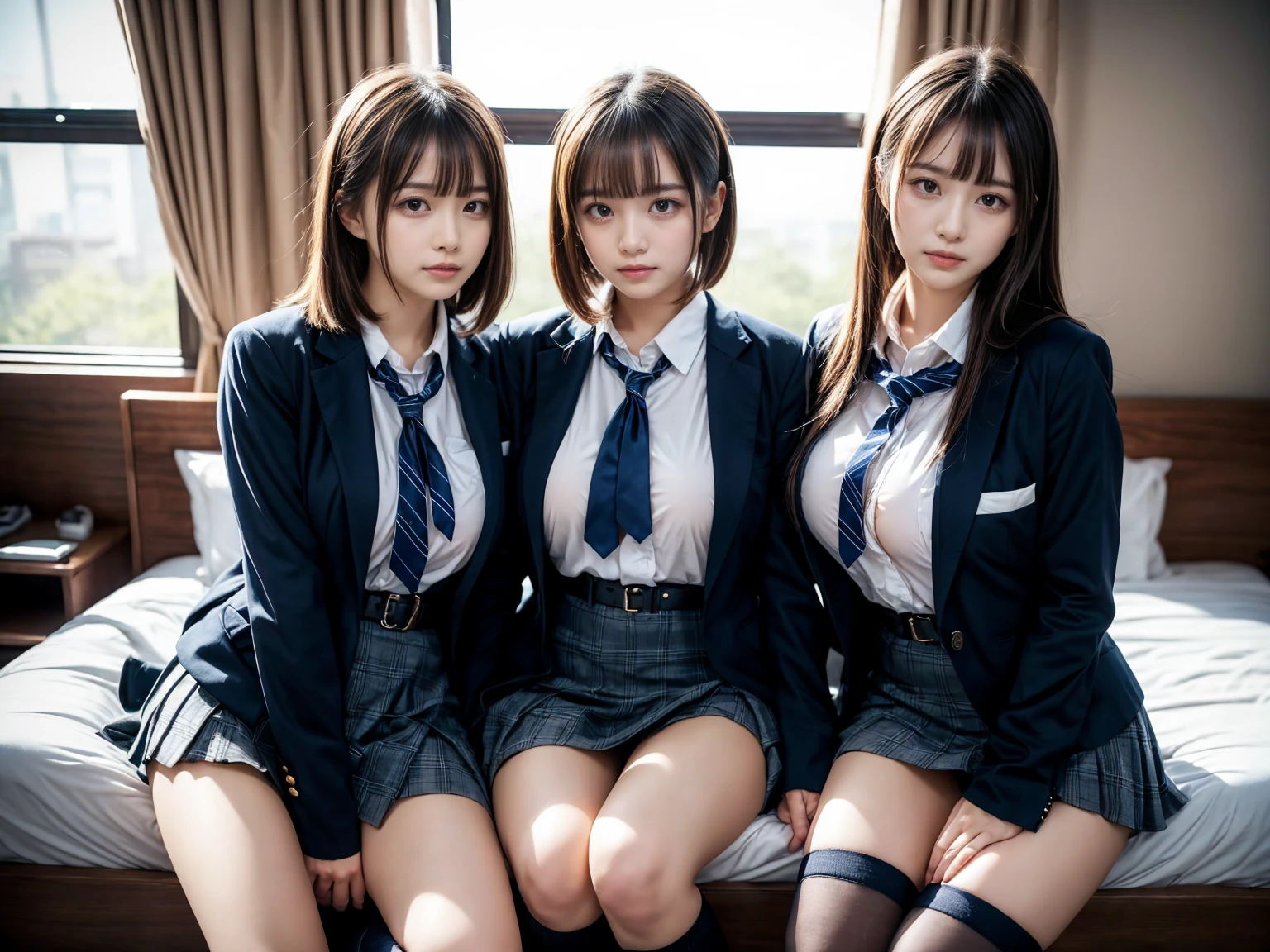 (8K, Raw photography, top-quality, masterpiece:1.2), master piece, best quality, illustration, Super detailed, fine details, High resolution, 8K,wall paper, perfect dynamic composition,(Details High quality, realistic depiction of eyes:1.3), ((2 girls, 2 schoolgirls)), The background is a luxury hotel room、High school girl uniform、blazer 、Super Short Check Uniform Skirt、Navy blue high socks、garterbelts、Colossal tits、Disturbed uniform, Play with each other,Touching each other's bodies,Touching the body of the girl next door, short bob hair, black hair color, huge breasts, Big Natural Color Lip, bold sexy pose, (perfect body shape), crying a little、cold gaze, Beautiful makeup,glitter makeup,Cutest 18 years old, beautiful legs, hposing Gravure Idol, Voluptuous thighs