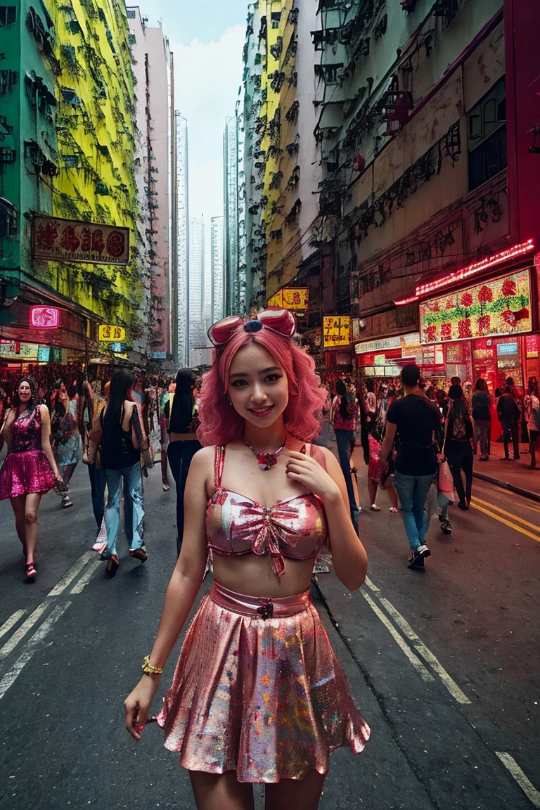 hong kong, day, (very low angle, view from ground level ) (Awkward,blush :1.3), Alafi girls take photos in colorful clothes, y 2 k cutecore crowncore, Lovely Decora Rainbow Core, Lovely high quality rendering, Candy Girl, Deco, Unreal Engine : : Carnival Makeup, Working Girl, raver girl, Carnival Costumes, Glitch Punk Girl, soda themed girl, Lively and cheerful, 80s pin-up style, 