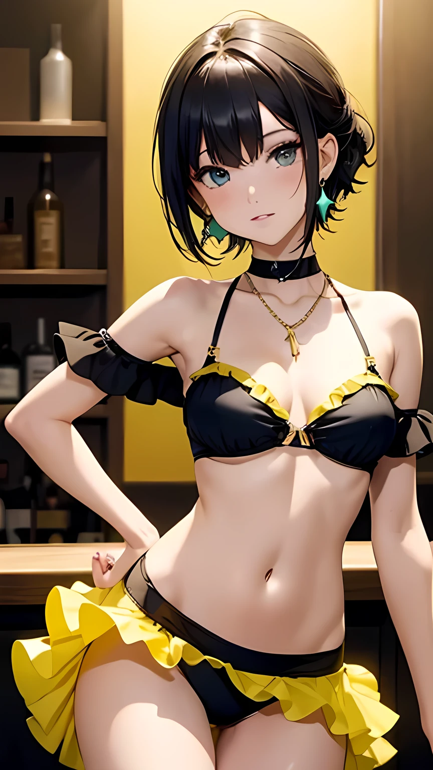 masterpiece,Ultra-high resolution、Highest quality、y pose、Dimly lit bar background at night、Yellow green pixie cut:1.2, blue eyes, lure、Tilt your head、Large gold earrings and necklace:1.5,、Model walking、Small bree body is very slim、skinny、Super tight waist、Thin thighs、Spread your legs,Cowboy Shot、Black off-the-shoulder ruffled bikini top:1.5,Fluorescent yellow super mini bikini frill skirt、hip hang micro skirt、A glimpse of her yellow tartan panties:1. thighhighs:1.8、Underwear Focus