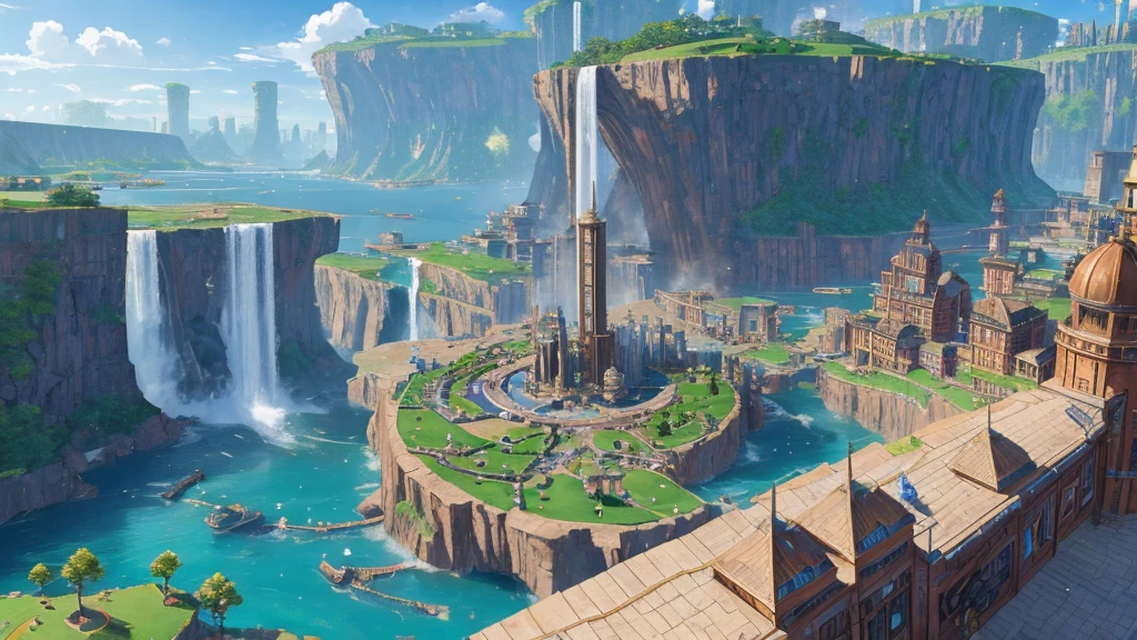 large city capital with modern steampunk technology, more houses than buildings, water everywhere, waterfalls, lagoons, puddles, technology and water BLUE SKIES, rpg or anime style