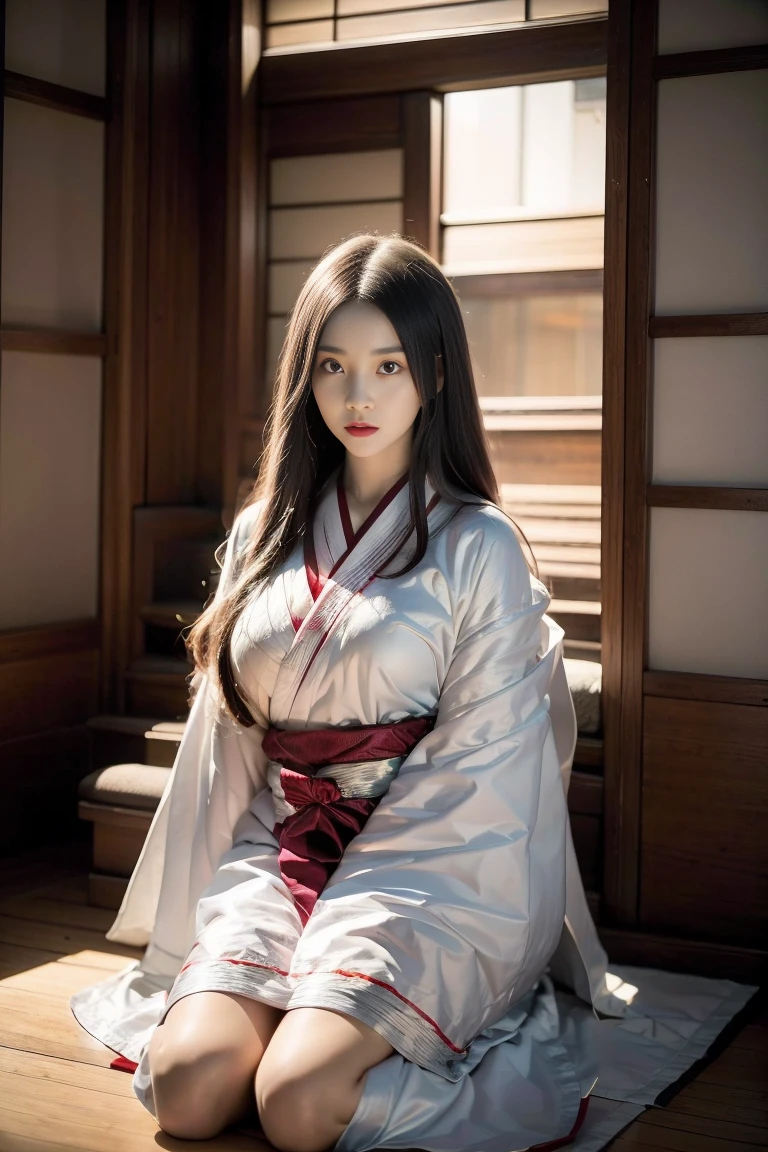 Zashiki-warashi, traditional Japanese  spirit, eerie and unsettling smile, wearing a tattered kimono, sitting on tatami mats in a pitch-dark room, old Japanese house, shoji sliding doors slightly ajar, wooden beams casting sinister shadows, flickering candlelight casting eerie glows, deeply unsettling and ominous atmosphere, traditional Japanese decor, overwhelming sense of dread and fear, ethereal and menacing ghostly presence, spine-chilling and haunting ambiance --ar 9:16 --v 6.1