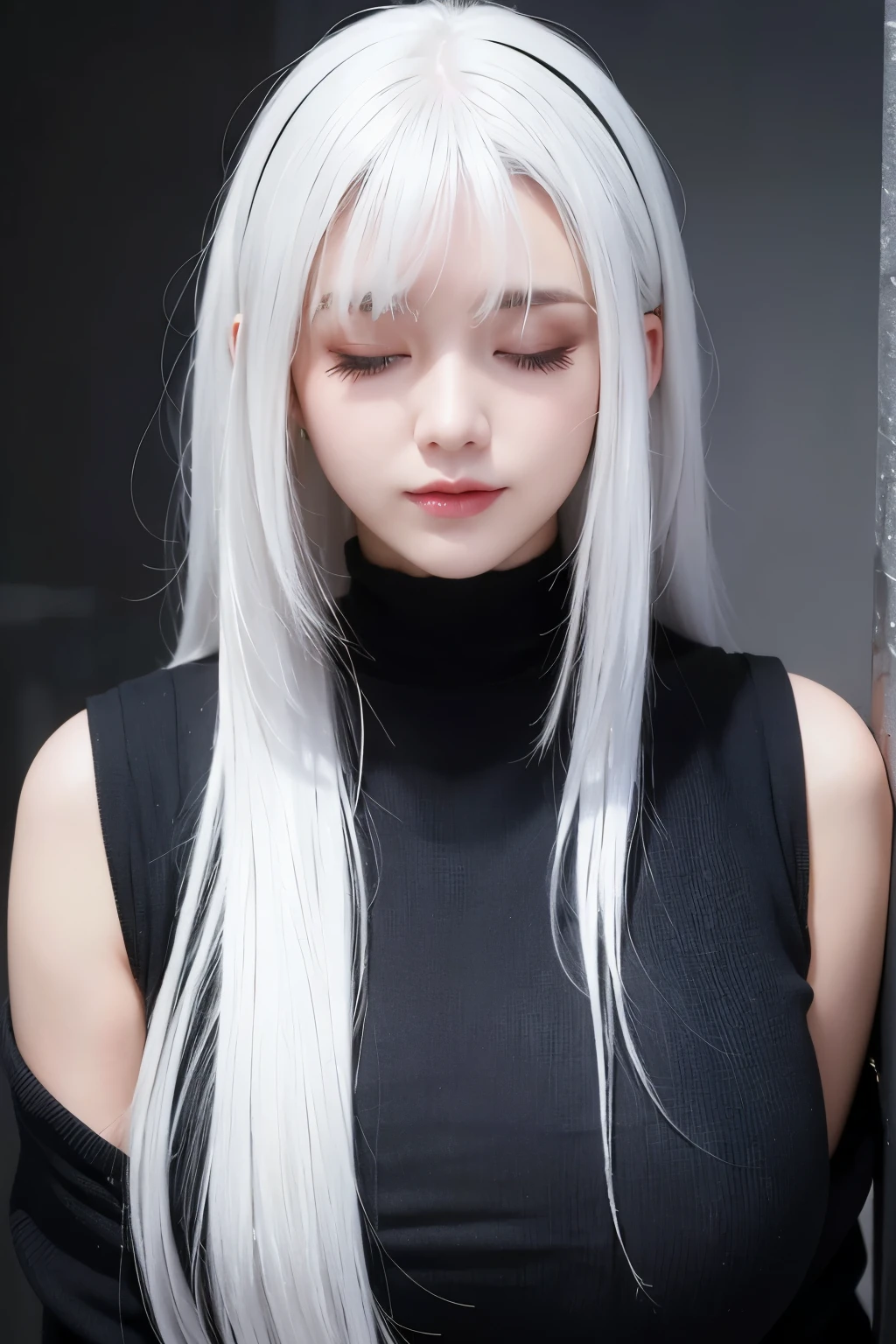 Woman with white hair covering her eyes and face. (pretty, pleasure,yummy,big body,Black clothes that stick well and stand out)