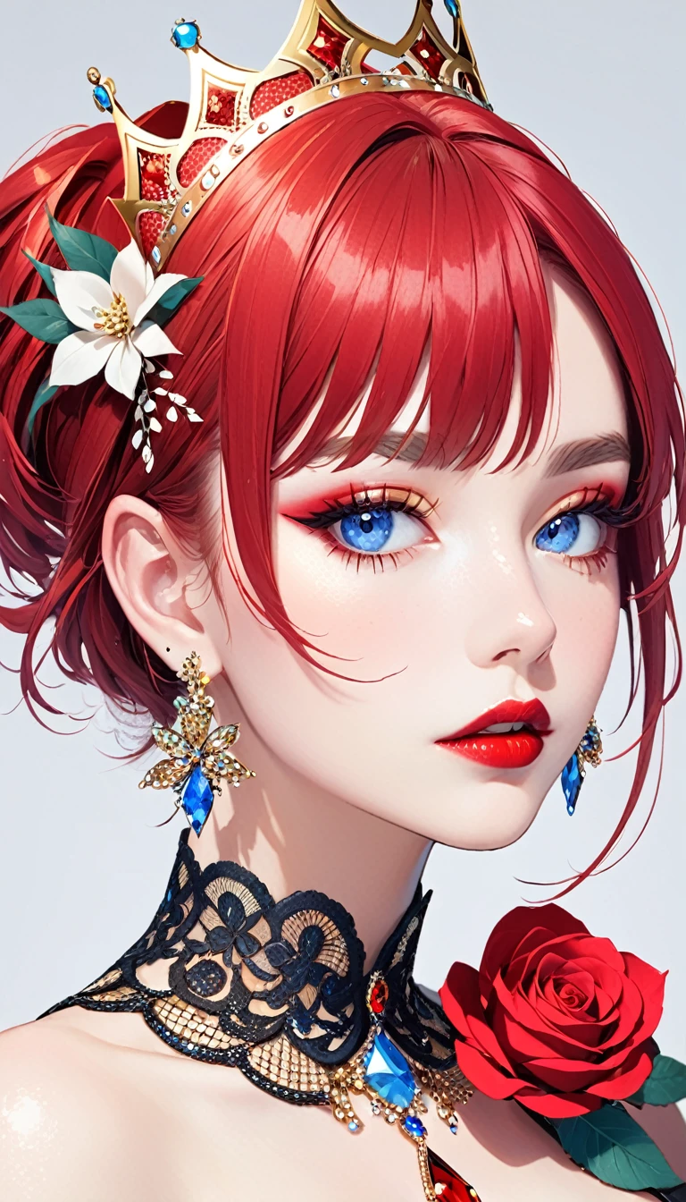 1 girl, jewelry, earrings, red hair, flower, looking at viewer, portrait, parted lips, blue eyes, bangs, crown, collarbone, eyelashes, short hair, makeup, red lips, lips, crown, solo, single focus , lipstick, yellow rose,HoloDayo XL