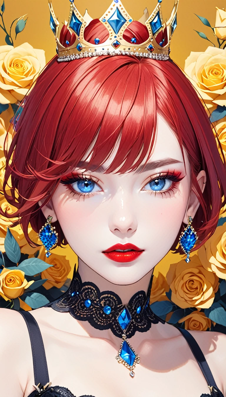 1 girl, jewelry, earrings, red hair, flower, looking at viewer, portrait, parted lips, blue eyes, bangs, crown, collarbone, eyelashes, short hair, makeup, red lips, lips, crown, solo, single focus , lipstick, yellow rose,HoloDayo XL