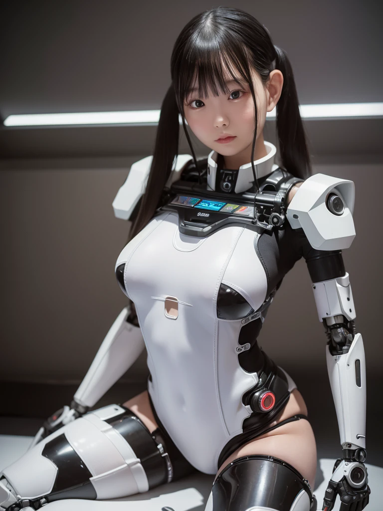 Highest quality, masterpiece, Ultra-high resolution, (Realistic:1.4), RAW Photos, One girl, masterpiece, Highest quality, Very detailed,Japanese Cyborg Girl,Full body image ,Plump , White boots,announcer,headset,Control panel,Activation,Squat,Android,robot,Mechanical Hand,white Clothes, Bodysuits,Was nervous_Clothes,Mid-chest,Bokeh,Clothes with a sense of mechanical technology, robotic arms and legs, black robotic parts,Chubby