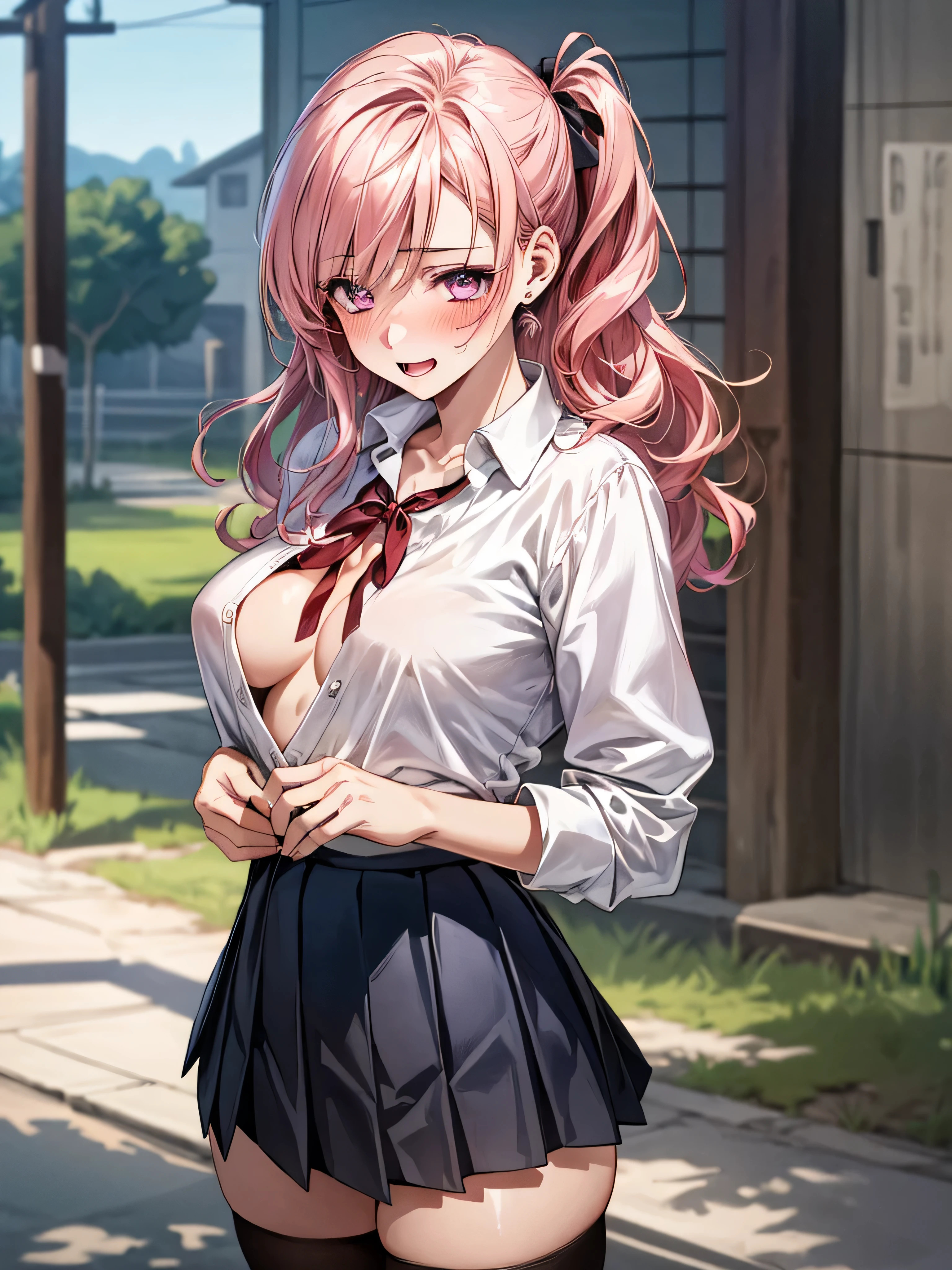 (masterpiece:1.3, top-quality, ultra high res, ultra detailed), (realistic, photorealistic:1.4), beautiful illustration, wearing knit sweater & miniskirt, (Flirtingly lifting her skirt to show her panties:1.3),perfect lighting, natural lighting, colorful, depth of fields, surrealism, (embarrassed,blush:1.3),
beautiful detailed hair, beautiful detailed face, beautiful detailed eyes, beautiful clavicle, beautiful body, beautiful chest, beautiful thigh, beautiful legs, beautiful fingers, shiny skin,
looking at viewer, 1 girl, japanese, high school girl, (perfect anatomy, anatomically correct, super detailed skin), cute and symmetrical face, babyface, perfect face, perfect eyes,
(middle hair, two side up, pink hair), crossed bangs, purple eyes, drooping eyes, big eyes, long eyelashes, (large breasts, seductive thighs, skindentation), slender, outstanding style,
((detailed cloth texture, white collared shirt, blue pleated skirt, dark red neck ribbon), black thigh-highs, loafer),
(beautiful scenery), late afternoon,hands on chest, (lovely smile, upper eyes, open mouth small),