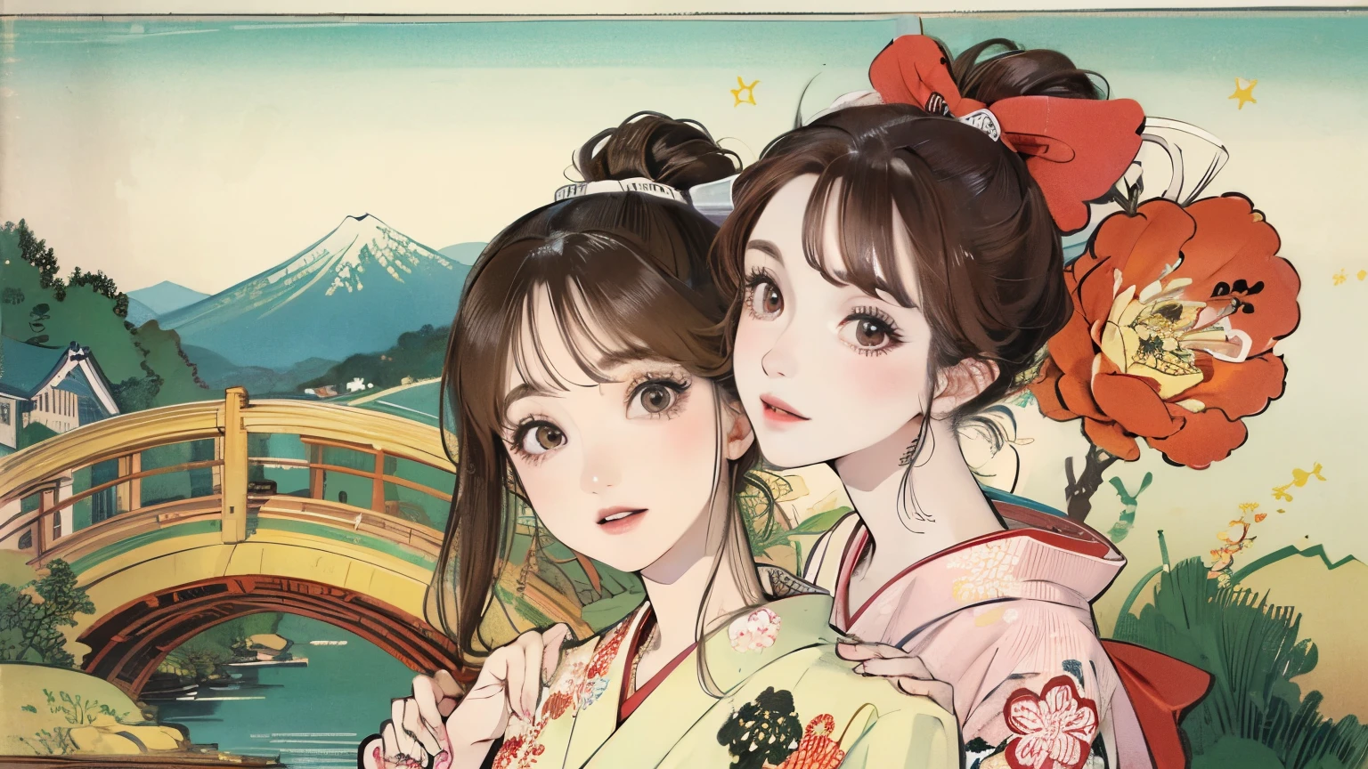 (Highest quality、 8k 、masterpiece、High resolution)、(whole body)、Vibrant colors、Brown-black bob、Traditional topknot、Ample breasts、(Highly detailed face and eyes,Beautiful Face,Beautiful Eyes,Beautiful nose,Pretty lips)、Official Art、Ukiyo-e style、 (Beautiful woman in kimono)、(Vivid floral patterned kimono)、background、river、bridge、Mountain、wood、Starry Sky、moon、plum、Lantern、