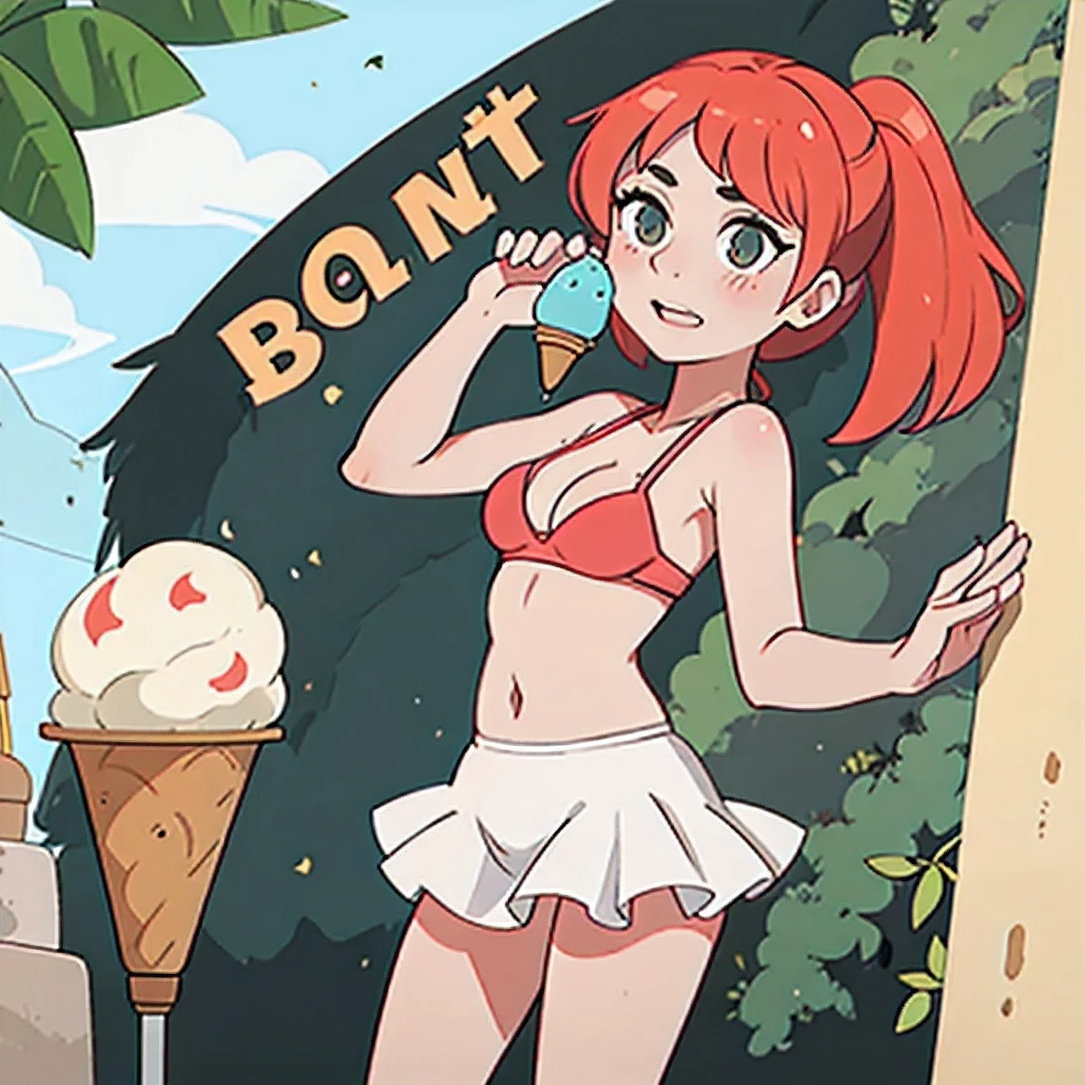 girl in a bikini eating an ice cream cone, eating ice cream, in a bikini, angela white, giorgia meloni, katy perry, in bikini, eating ice - cream, wearing spandex bikini, ice cream on the side, bikini, ice cream, wearing a bikini, candid photo of dirty, shiny plastic bikini, candid shot, cone, 1 girl, solo,in a green dress standing by a wall,portrait of female idol
