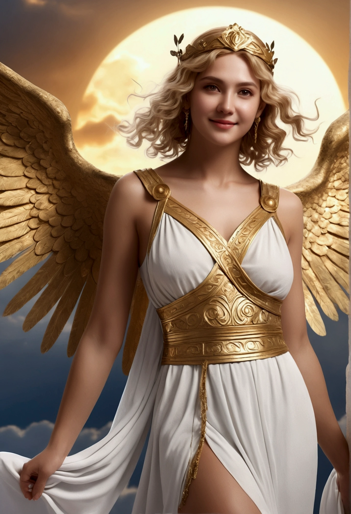 (masterpiece:1.3), (8k, Realistic, RAW Photos, Best image quality: 1.4), Blonde angel woman、Wavy Hair、Very small breasts:2.0、Highly detailed face、Sharp focus:1.2、Beautiful woman:1.4、Golden Hair、Highest quality、masterpiece、Ultra-high resolution、(Realistic:1.4)、Highly detailed and professionally lit smiles、Loose, Light, (Sheer ancient Greek costume:1.4), Shoulder out、thin、Serious expression、Short-haired, One person、whole body, Giant wings of latissimus dorsi、Above the Clouds