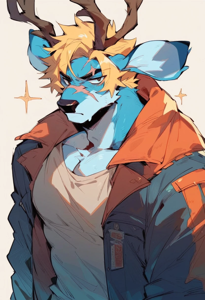 furry deer Male , blue body, wearing Jacket ,scar on face,Blonde hair 