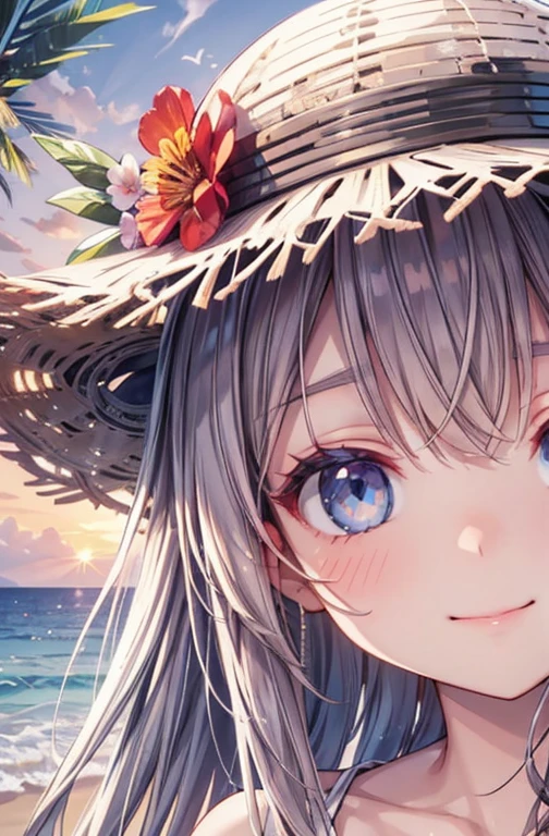 One Girl, long tied brunette hair, smile, blue eyes, Wink, View your viewers, Wear a bikini, flower straw hat, (Beach), (sunset), evening, masterpiece, 8k, Perfect lighting, Perfect outfit, Perfect Anatomy, Perfect Eyes, Perfect Face, Sharp resolution, (Face close-up)