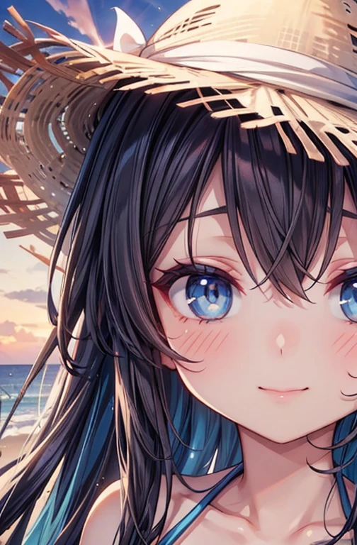 One Girl, long tied brunette hair, smile, blue eyes, Wink, View your viewers, Wear a bikini, flower straw hat, (Beach), (sunset), evening, masterpiece, 8k, Perfect lighting, Perfect outfit, Perfect Anatomy, Perfect Eyes, Perfect Face, Sharp resolution, (Face close-up)