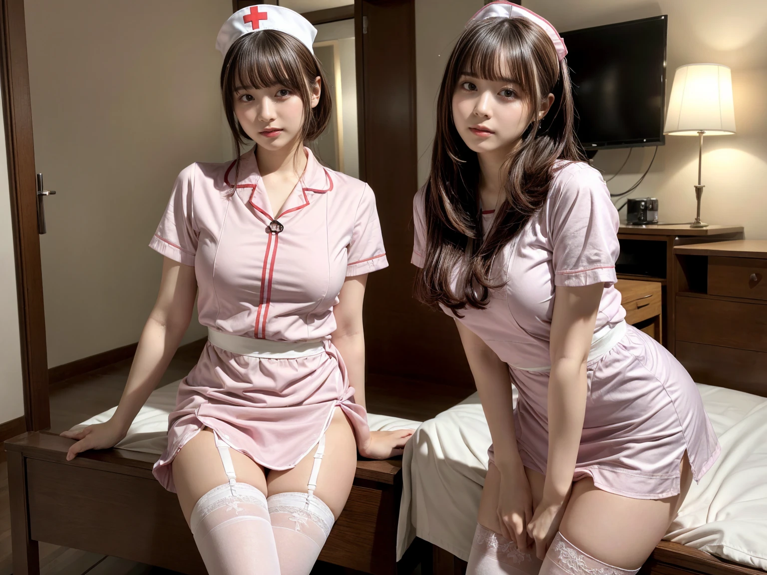 masterpiece, best quality, illustration, Super detailed, fine details, High resolution, 8K,wall paper, perfect dynamic composition,(Details High quality, realistic depiction of eyes:1.3), (3 girls), ((nurse cap, short sleeves, light pink nurse wear, ((white legwear, zettai ryouiki)))), sitting, open legs, short bob hair, in a hotel room in the background, deep on field, large breasts, black hair color, Big Natural Color Lip, (perfect body shape), crying a little、Harajuku style、20 year old girl、cute type、beautiful legs, Gravure Idol