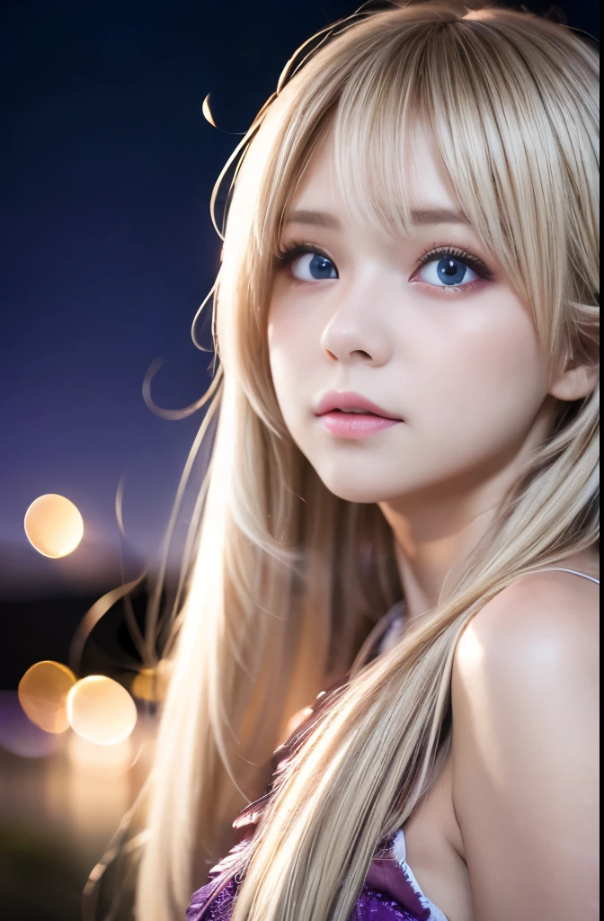 Blowing bubbles under the stars、Anime style light blonde haired girl with purple eyes, Detailed Description, Ultra high definition, 8k Raw Photo:1.5, masterpiece, 