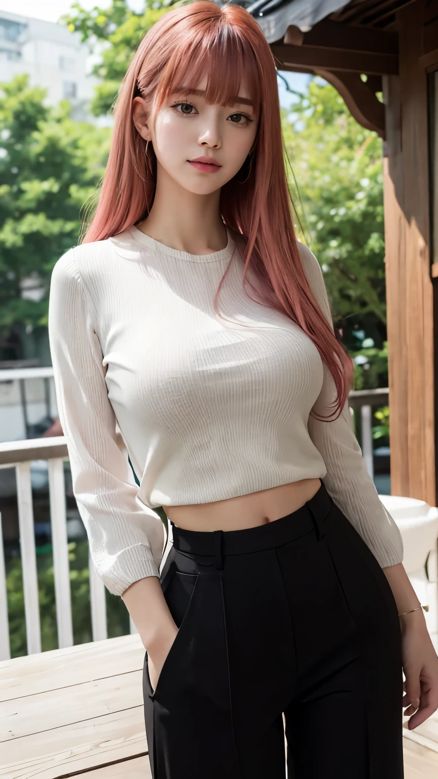 Highest quality、Ultra-high resolution、RAW shooting、Professional Lighting、Detailed Background、coastal、Full Body、Makima、25-year-old female、(High tone cherry pink hair)+(Long Hair)+(bangs)、(Yellow Eyes)、White see-through shirt,(Black trousers:1.5)、Huge breasts that look like they might burst、Modest abdominal muscles、Big Ass、Big thighs、A sloppy smile、Close your mouth、(Sweaty skin)、