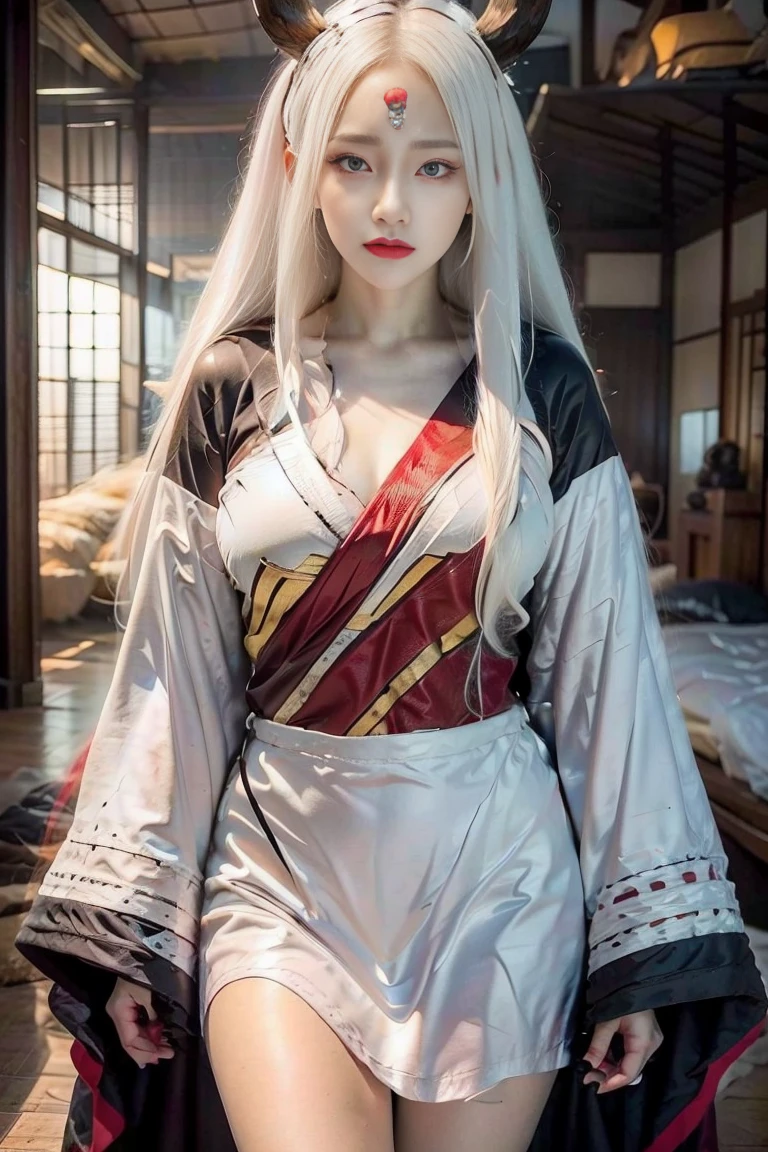 sfw, 1girl, standing, from front, front, cowboy_shot, inside japanese house, glowing red eyes, , face focused, ((white_hair)), kaguya, third eye, pale skin, horns, sharp_fingernails, forehead mark