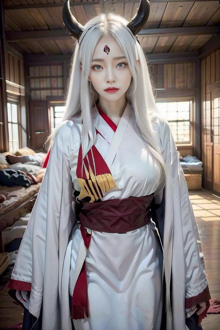 sfw, 1girl, standing, from front, front, cowboy_shot, inside japanese house, glowing red eyes, , face focused, ((white_hair)), kaguya, third eye, pale skin, horns, sharp_fingernails, forehead mark
