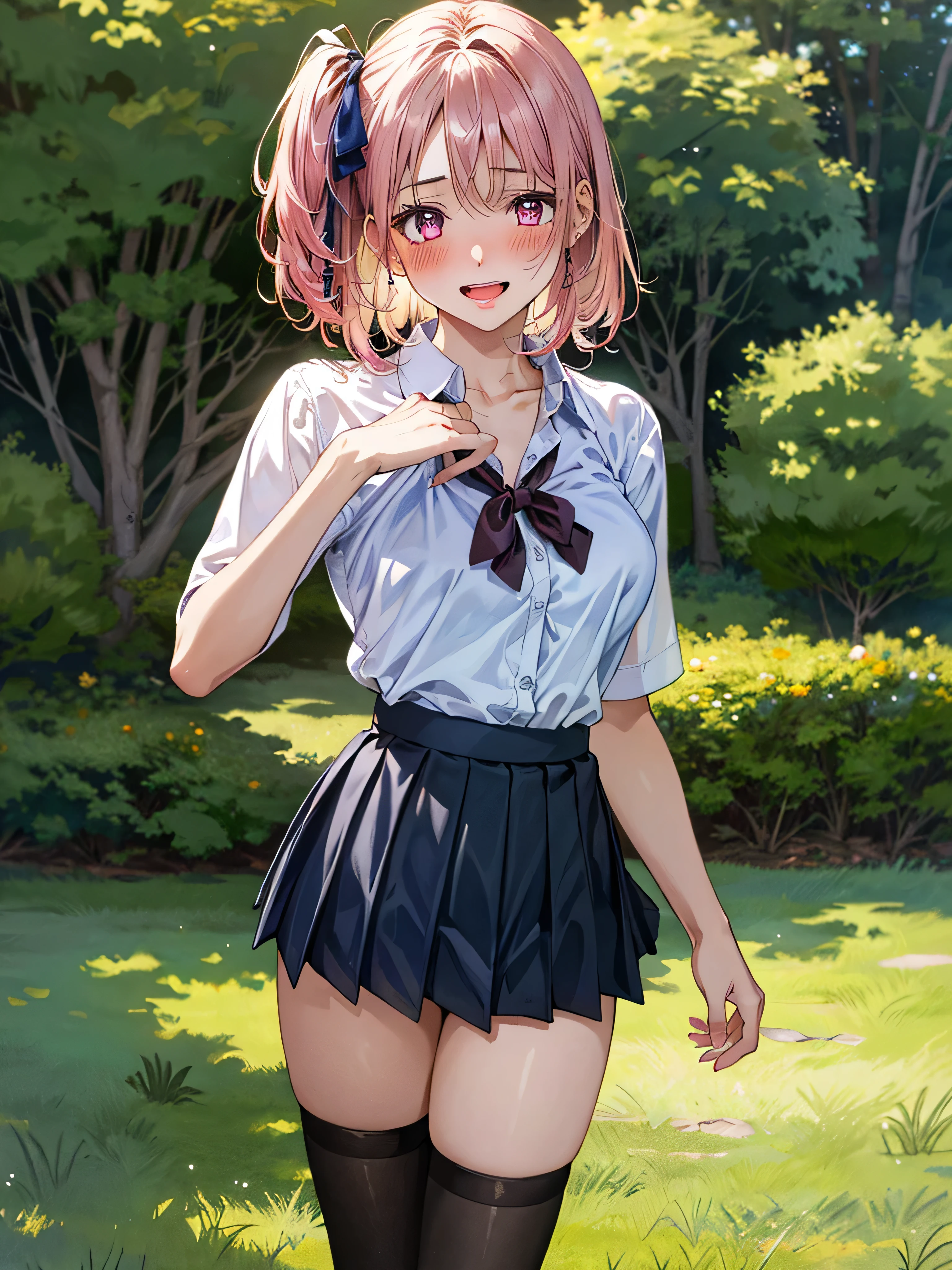 (masterpiece:1.3, top-quality, ultra high res, ultra detailed), (realistic, photorealistic:1.4), beautiful illustration, wearing knit sweater & miniskirt, (Flirtingly lifting her skirt to show her panties:1.3),perfect lighting, natural lighting, colorful, depth of fields, surrealism,  (embarrassed,blush:1.3),
beautiful detailed hair, beautiful detailed face, beautiful detailed eyes, beautiful clavicle, beautiful body, beautiful chest, beautiful thigh, beautiful legs, beautiful fingers, shiny skin, 
looking at viewer, 1 girl, japanese, high school girl, (perfect anatomy, anatomically correct, super detailed skin), cute and symmetrical face, babyface, perfect face, perfect eyes, 
(middle hair, two side up, pink hair), crossed bangs, purple eyes, drooping eyes, big eyes, long eyelashes, (large breasts, seductive thighs, skindentation), slender, outstanding style, 
((detailed cloth texture, white collared shirt, blue pleated skirt, dark red neck ribbon), black thigh-highs, loafer), 
(beautiful scenery), late afternoon,hands on chest, (lovely smile, upper eyes, open mouth small),