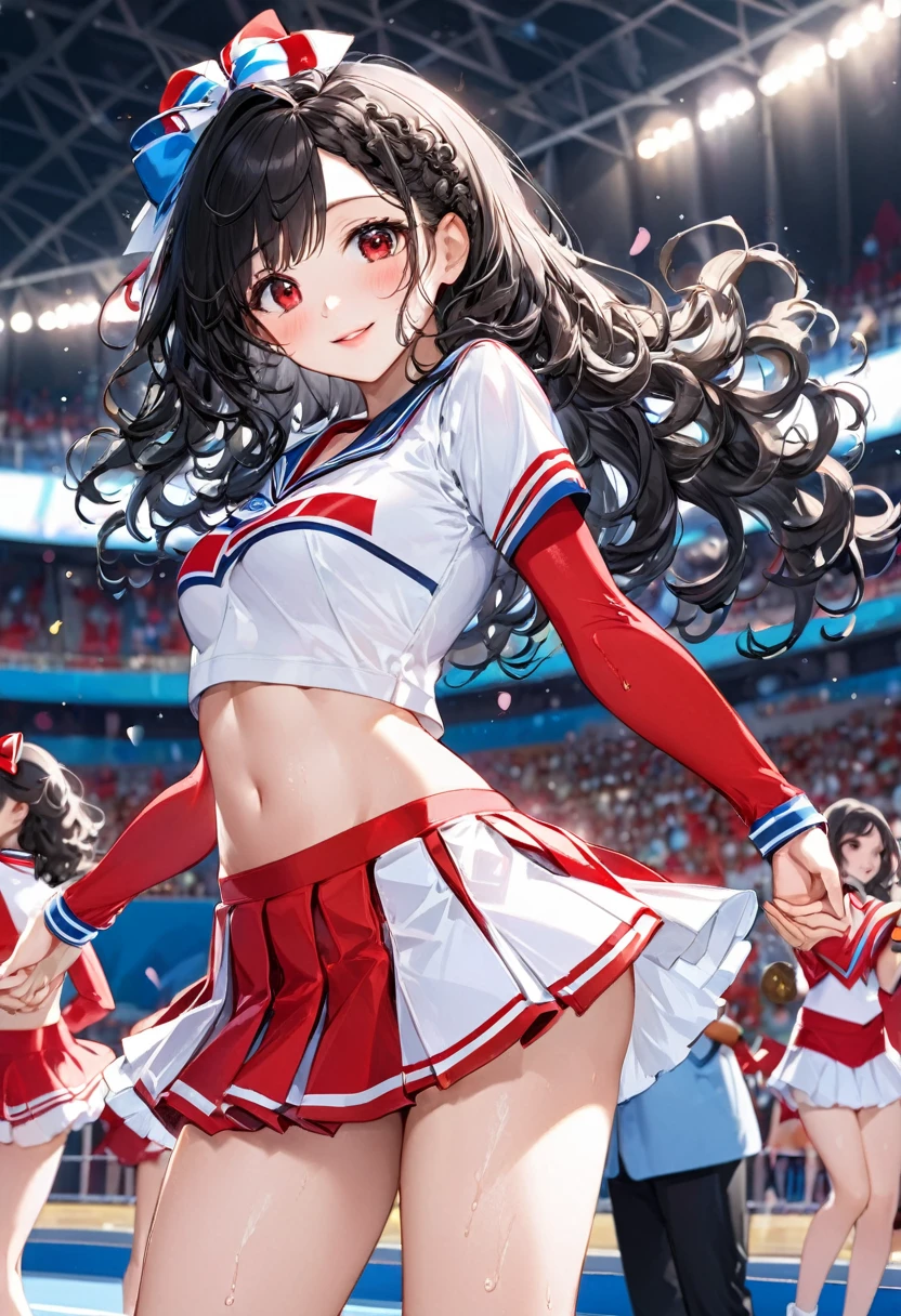 profile, (cheer leading style) (pose  Dance and put feet upleg), (beautiful sweaty skin), (holding both hands ponpon), (beautiful detailed curly:1.3) (beautiful black hair long hair) (sexy cute princess girl) (detailed cute red eyes), (beauty smile, glossy lips, medium tits), (in a detailed cute white Cheerleader uniform), break, in the Olympic Venues, background many audience, BREAK, perfect anatomy, masterpiece, best quality, 16k, beautiful detailed love, daydreaming expression