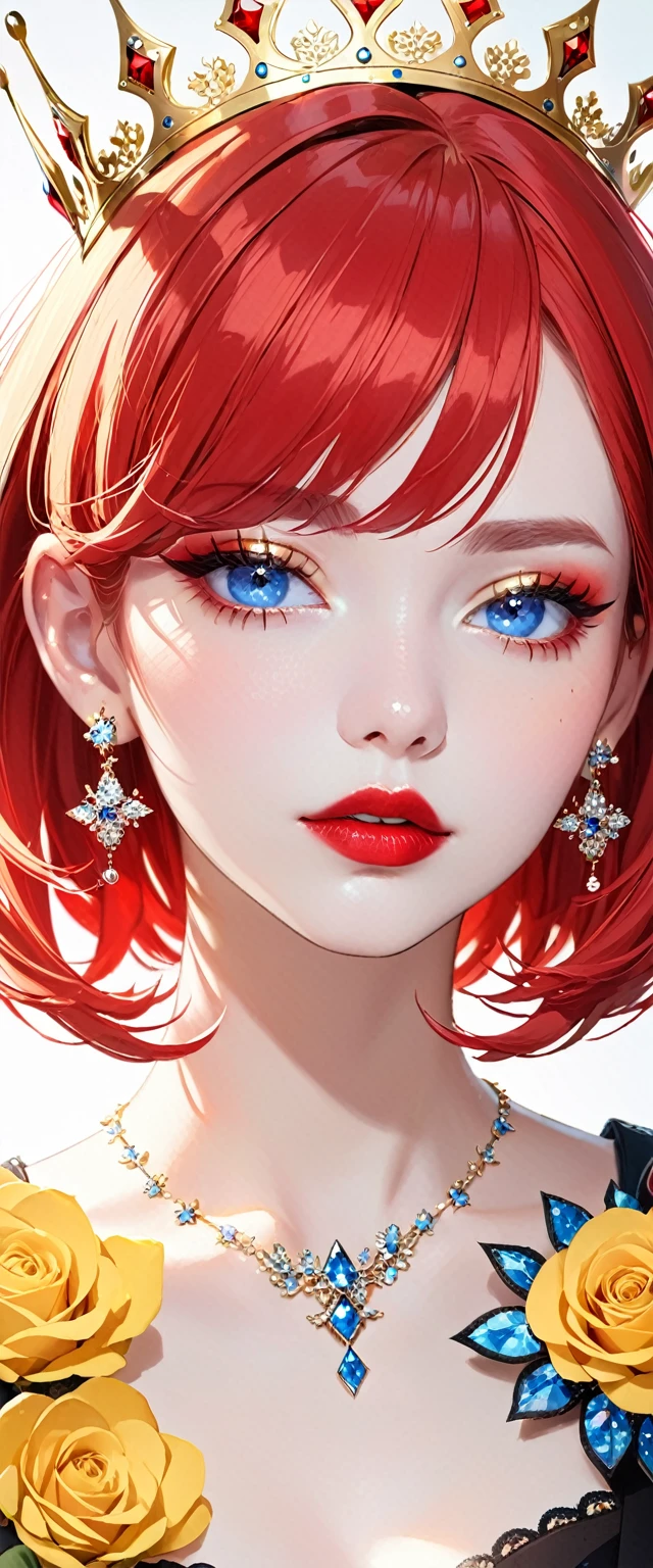 1 girl, jewelry, earrings, red hair, flower, looking at viewer, portrait, parted lips, blue eyes, bangs, crown, collarbone, eyelashes, short hair, makeup, red lips, lips, crown, solo, single focus , lipstick, yellow rose,HoloDayo XL