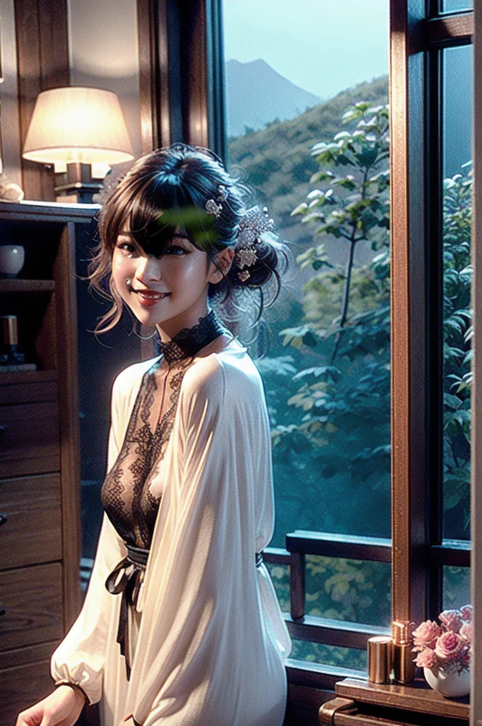 (realistic:1.3), finely detailed, quality, rembrandt lighting, (masterpiece:1.2), (photorealistic:1.2), (best quality), (detailed skin:1.3), (intricate details), dramatic, ray tracing, 1girl, japanese girl, 21 years old, detailed skin texture, (blush:0.5), (goosebumps:0.5), subsurface scattering, smiling, medium breasts, short hair curls, bangs, hair between eyes, chiffon tunic dress, holding a lipstick, applying lipstick, looking at mirror, reflection, (from side:1.2), (night view, window, bedroom),