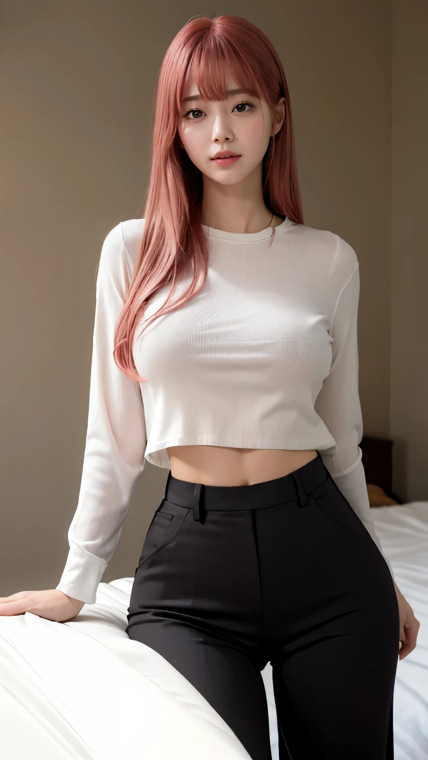 Highest quality、Ultra-high resolution、RAW shooting、Professional Lighting、Detailed Background、coastal、Full Body、Makima、25-year-old female、(High tone cherry pink hair)+(Long Hair)+(bangs)、(Yellow Eyes)、White see-through shirt,(Black trousers:1.5)、Huge breasts that look like they might burst、Modest abdominal muscles、Big Ass、Big thighs、A sloppy smile、Close your mouth、(Sweaty skin)、