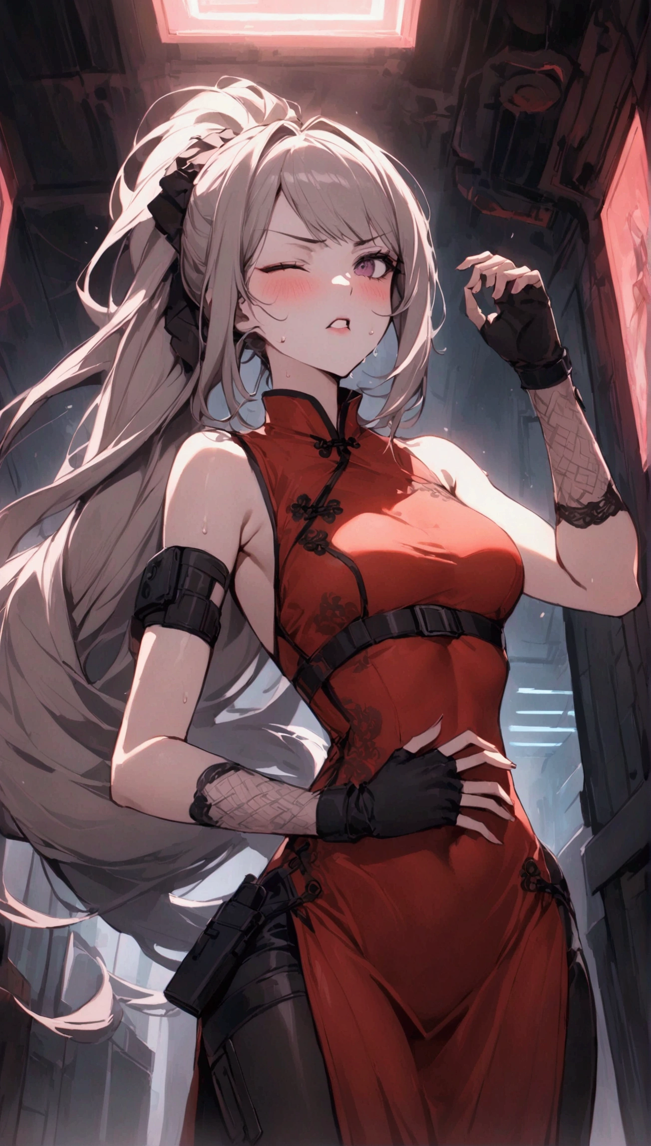 Dynamic composition,dutch angle,from side,{{masterpiece}}, {{{Highest quality}}},{{Very detailed}},{{Fight}},{{fighting stance:1.6}},{{critical situation:1.6}},{{hold down one's stomach with one's hands:1.6}},1girl,30years old,{Mature Woman}},cyberpunk,{{RED Chinese clothing:1.2}},Red sleeveless Chinese dress,pelvic curtain,black stockings,belt,black fingerless gloves,Lace arm covers,holster,{{Grit your teeth:1.4}},one eye closed, ,{{v-shaped eyebrows}},Bad mood,blush,Sweat,raise one's eyebrows ,{{View your viewers}}、Very long long hair in a ponytail.abdominal pain ,{{pain}},Inside the dojo,indoor