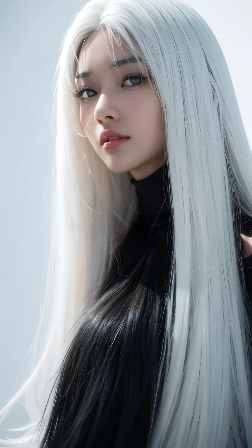 leo girl, cute dark skin 1 woman, long tousled gray hair, Bite your lip, seductive forward leaning, sensitive skin, delicate face, really, reallyistic, 1 woman,gray hair,blue background,upper body, ((black skin)), (((black skin))), (((gray hair)))
