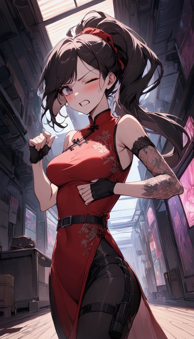 Dynamic composition,dutch angle,from side,{{masterpiece}}, {{{Highest quality}}},{{Very detailed}},{{Fight}},{{fighting stance:1.6}},{{critical situation:1.6}},{{hold down one's stomach with one's hands:1.6}},1girl,30years old,{Mature Woman}},cyberpunk,{{RED Chinese clothing:1.2}},Red sleeveless Chinese dress,pelvic curtain,black stockings,belt,black fingerless gloves,Lace arm covers,holster,{{Grit your teeth:1.4}},one eye closed, ,{{v-shaped eyebrows}},Bad mood,blush,Sweat,raise one's eyebrows ,{{View your viewers}}、Very long long hair in a ponytail.abdominal pain ,{{pain}},Inside the dojo,indoor