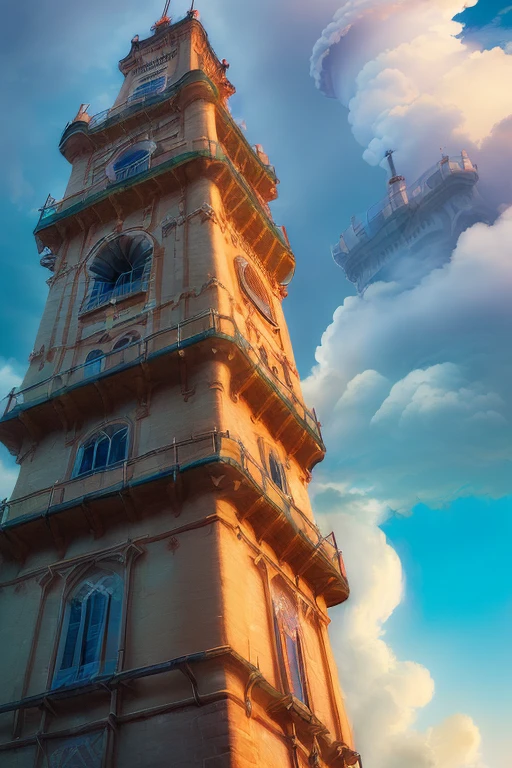 ((A tower that reaches the clouds:1.4))、1girl looking up at the tower、(Low - Angle:1.4)、Highest quality, Afterglow, 4K, ((masterpiece)), Very detailed, 8k,(masterpiece,best quality;ultra-detailed, 8k)((best quality)), ((masterpiece)), (detailed,shiny skin, RAW )、Near future、neon、neon_woman、Japanese Style