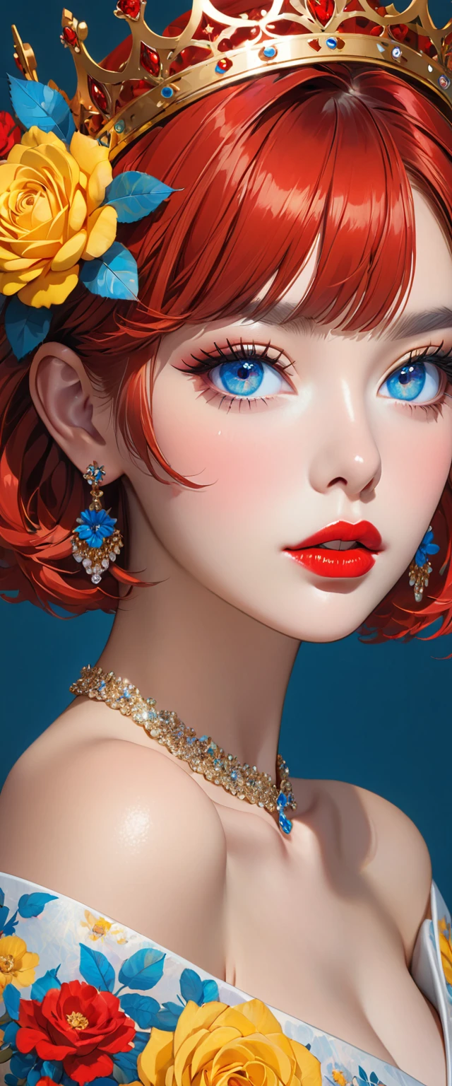 1 girl, jewelry, earrings, red hair, flower, looking at viewer, portrait, parted lips, blue eyes, bangs, crown, collarbone, eyelashes, short hair, makeup, red lips, lips, crown, solo, single focus , lipstick, yellow rose,HoloDayo XL